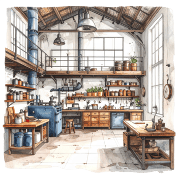 Rustic Industrial Loft Kitchen Watercolor Illustration png
