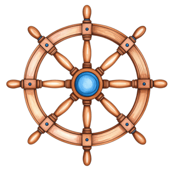 Brown Wooden Ship Wheel with Blue Center Detail png