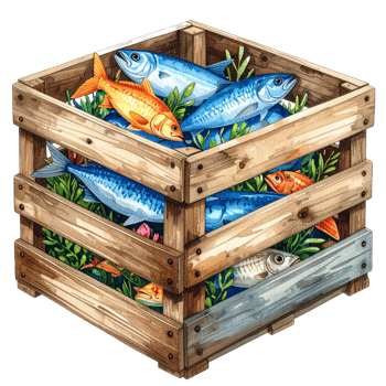 Watercolor Illustration of Fresh Fish in Wooden Crate png