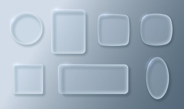 Glass buttons or frames of different shapes. UI element with transparency and blur effect. vector