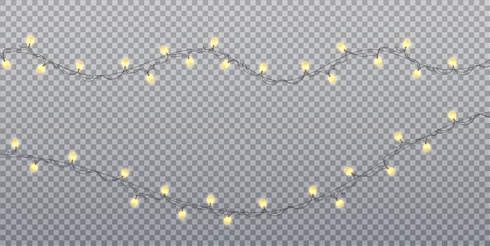 Gold garland bulbs isolated. Christmas lights. Glowing gold garland for Xmas Holiday cards, banners, posters, web design. vector