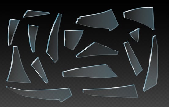 Broken glass shards, splinter of glass, realistic clip art. Pieces of different shapes and splinters. vector