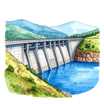 Watercolor Illustration of a Dam in a Mountainous Landscape png