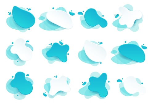 Milk badge and dairy labels with splashes and bolts. Milk badge with drop and splash for labels of package. Liquid amoeba shapes. vector