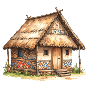 Thatched Roof Hut with Geometric Wall Designs png