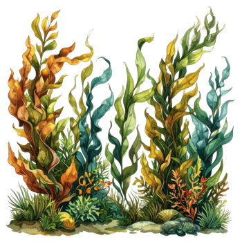 Vibrant Watercolor Seaweed Illustration with Green and Brown Hues png