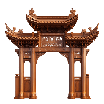 Ornate traditional chinese wooden archway with intricate carvings isolated on transparent background png