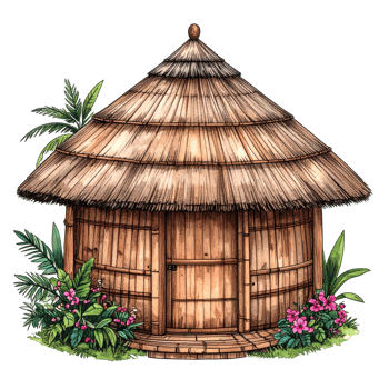 Tropical Thatched Bamboo Hut with Lush Greenery png