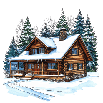 Snow Covered Log Cabin in Winter Wonderland png
