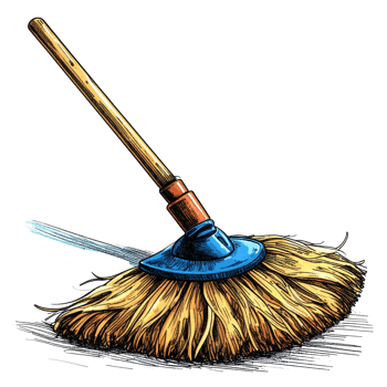 A Straw Broom with a Wooden Handle and Blue Connector png