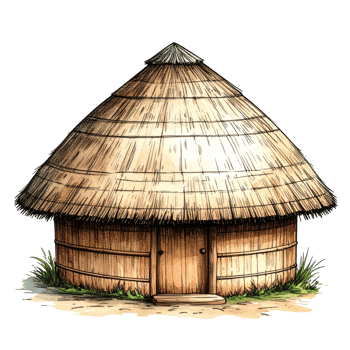 Round Thatched Hut with Wooden Walls Illustration png