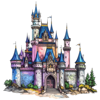 Watercolor Illustration of a Pink and Blue Fairytale Castle png