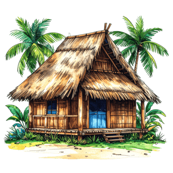 Tropical Bamboo Hut with Thatched Roof and Palm Trees png
