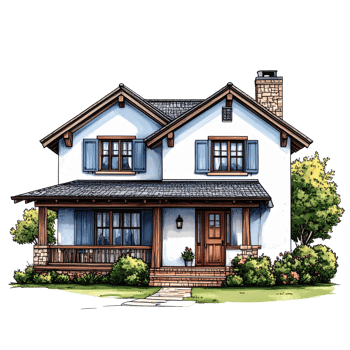White Two Story House with Blue Shutters and Porch png
