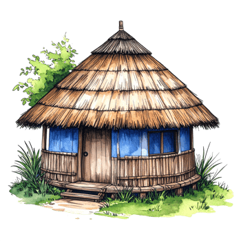 Round Thatched Hut with Blue Walls and Bamboo Details png