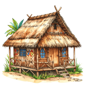 Thatched Roof Tropical Hut with Wooden Walls png