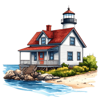 Coastal Lighthouse and House Illustration png