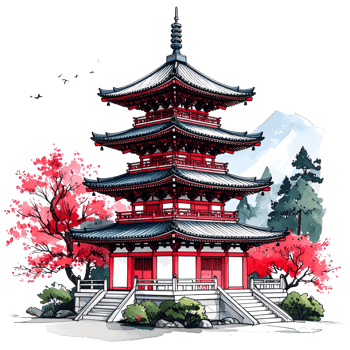 Red And Black Japanese Pagoda Watercolor Painting png