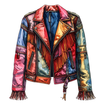 Colorful Patchwork Leather Jacket with Fringe Detail png