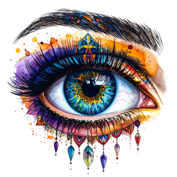Vibrant Watercolor Eye Painting with Ornate Design png