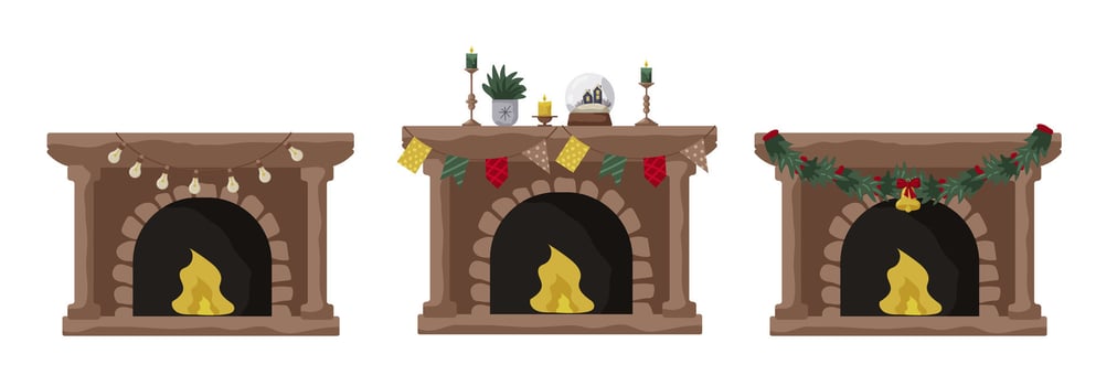 Various festive fireplace decorations enhance a cozy winter atmosphere in a home vector
