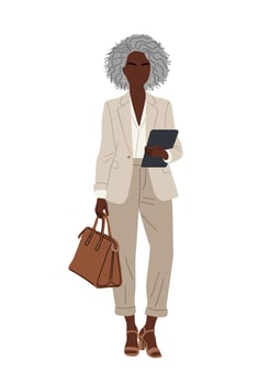 Elegant Black senior woman in suit holding tablet vector
