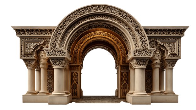 Intricate islamic archway with detailed carvings and multiple arches isolated on transparent background png