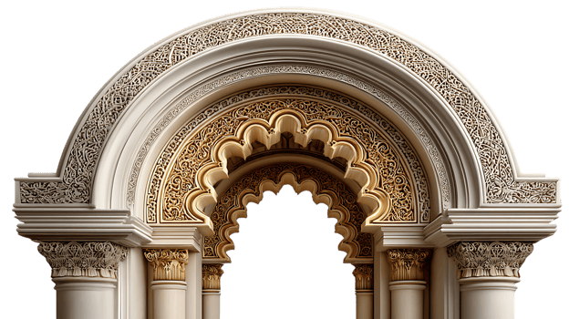 Intricate islamic archway with detailed geometric patterns and decorative columns isolated on transparent background png