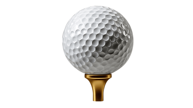 A pristine white golf ball rests upon a gleaming golden golf tee isolated on transparent background png