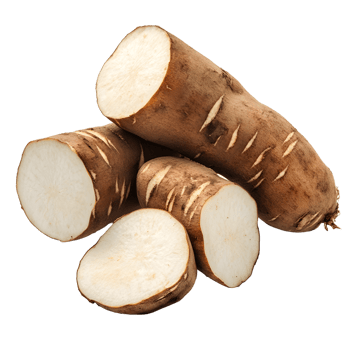 Whole and sliced yacon roots showing their white flesh and brown skin isolated on transparent background png