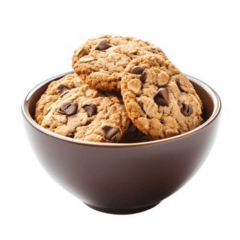 Delicious chocolate chip oatmeal cookies piled high in a brown bowl isolated on transparent background png