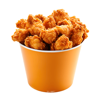 Crispy golden brown fried chicken pieces overflowing from an orange bucket isolated on transparent background png