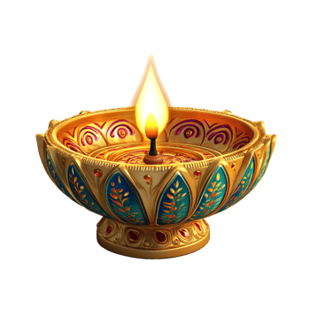 Beautifully ornate golden diya oil lamp with a bright flame isolated on transparent background png