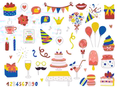 Colorful birthday decorations and party items vector