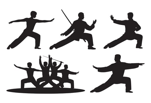 Silhouettes of martial artists practicing various combat stances and movements vector