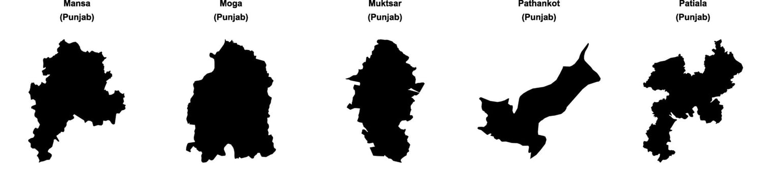 Mansa, Moga, Muktsar, Pathankot, Patiala outline maps vector