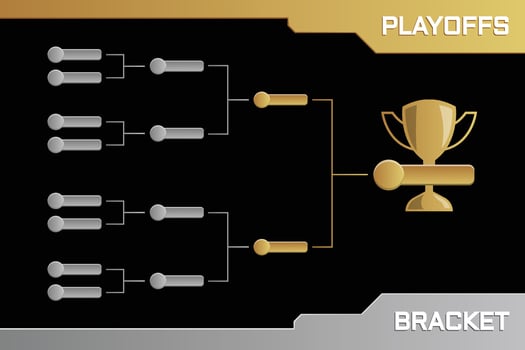 Gold and silver championship bracket on a black background with gold cup icons, for tournament bracket, esport, and sport vector