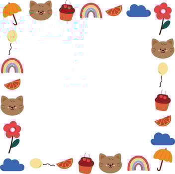 cute frame with drawing cartoon cat and cute stuff. cartoon doodle, object, frame border, hand drawing illustration vector