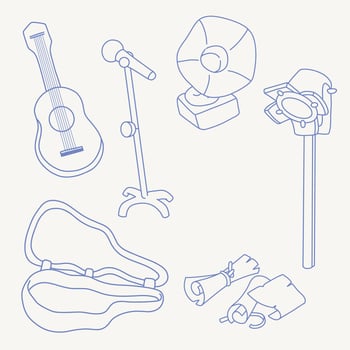 Musical instrument of guitar, microphone, phonograph, lamp, and paper roll ink hand drawn doodle line art style illustration set vector