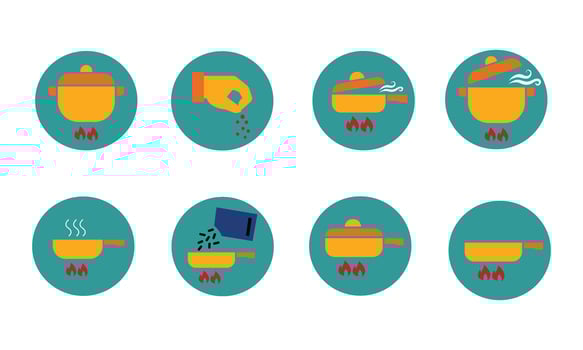 flat design cooking icon set featuring various kitchen actions like boiling, seasoning, and frying. Perfect for culinary projects, apps, recipe visuals, and food-related design assets. vector