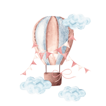 Watercolor Hot Air Balloon with pink pennants flying in clouds. Hand drawn baby girl illustration in pastel colors. Boho style. For kids goods, cards and posters. Baby png