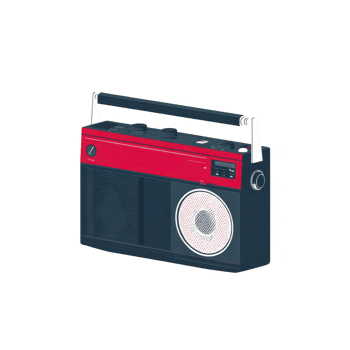 Vintage portable radio with red and black design, featuring large speaker and carrying handle, evokes nostalgia. retro style and classic look make it charming piece png