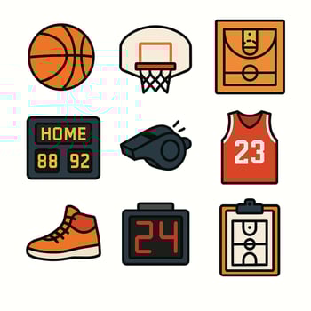 Collection of basketball equipment and game elements icons on white background vector