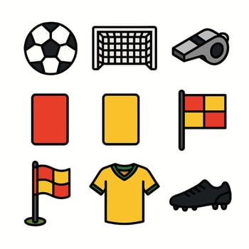 Collection of soccer game icons featuring ball goal whistle cards jersey and cleats vector