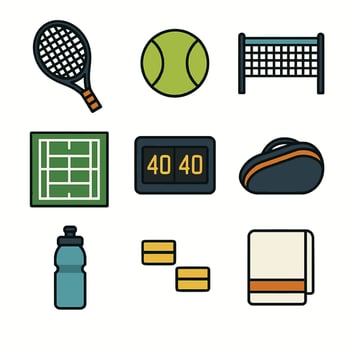 Collection of tennis equipment and court elements for sports enthusiasts vector