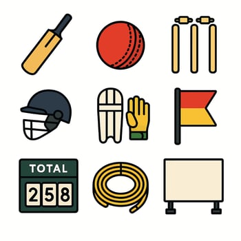 Collection of flat design icons representing cricket sports equipment and score vector