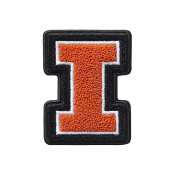 Orange and black varsity letter patch in shape of letter I with textured surface. patch features bold design with white outline, commonly used for jackets png