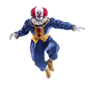 Clown in blue and yellow costume with red hair and white face is jumping energetically. clown expression is playful, with red nose and colorful outfit adding to lively appearance png