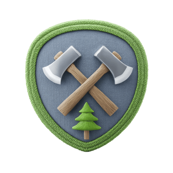 Shield shaped patch features two crossed axes with wooden handles and silver blades, set against blue fabric background. small green tree is positioned below axes, all bordered by green png