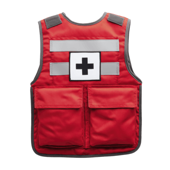 Red emergency medical vest with reflective strips and cross symbol is designed for visibility and utility in medical situations. It features multiple pockets for carrying essential supplies png